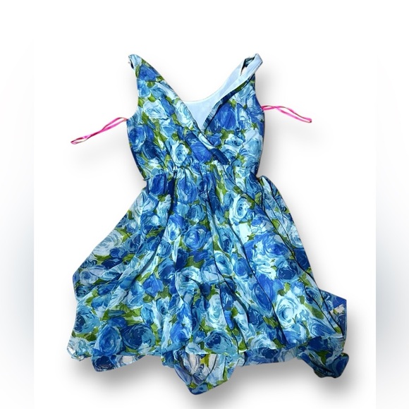 BETSEY JOHNSON FLORAL DRESS WOMENS Size 4 Blue Green A-Line V Neck Sleeveless - Picture 1 of 8